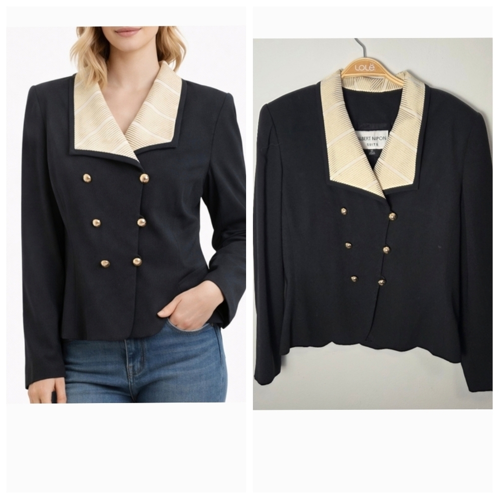 Vintage Albert Nipon Black Blazer with Cream Collar Gold Buttons And Details